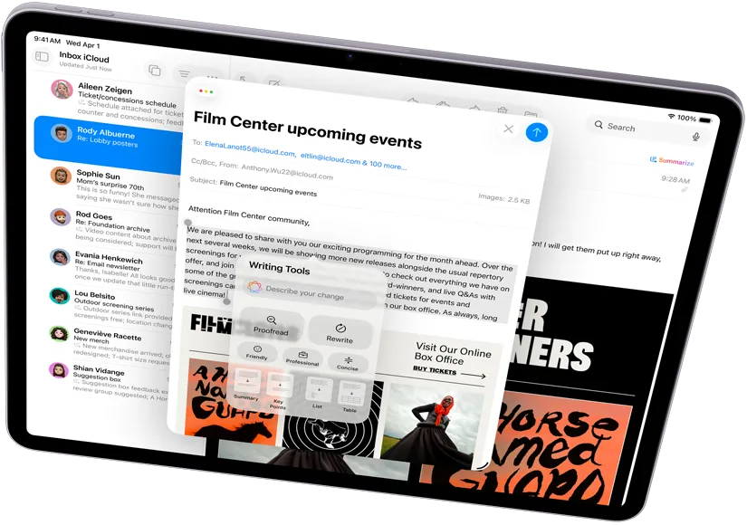 橫向的 iPad Air 顯示書寫工具和郵件 app，展示 Apple Intelligence
