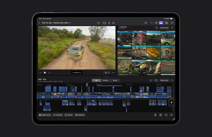 Pantalla del iPad Pro de 13 pulgadas, interfaz de Final Cut Pro y línea de tiempo en la que se ve un auto color verde que avanza por un camino