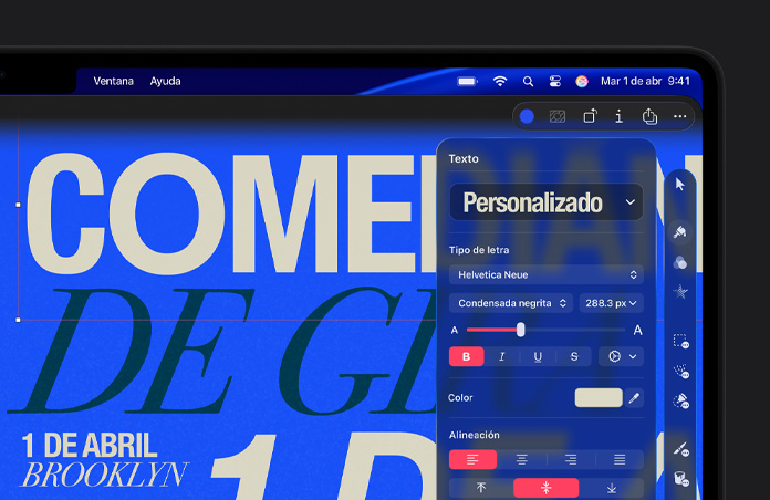 Espacio de trabajo de Pixelmator Pro en el que se ve una tipografía en blanco y negro con un fondo azul, barra de herramientas a la derecha