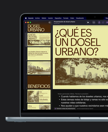 Pantalla de una MacBook Air de 13 pulgadas, Keynote, diapositiva amarilla con el título Urban Canopy e imágenes de edificios, notas para quien presenta generadas con IA abajo de la diapositiva