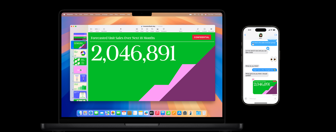 A presentation shown on a Mac screen and a text exchange linking to the presentation.