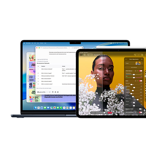 A Mac screen showing Apple Intelligence, an iPad screen showing Pixelmator Pro