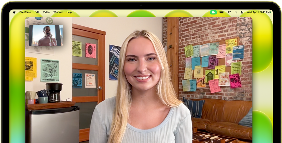 MacBook Neo, citrus colour, camera located above display, FaceTime video call onscreen