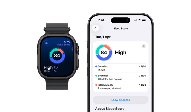 Apple Watch Ultra 3, titanium case, black colour, sleep score circle graph and rating, left side exterior, Action button, right side exterior, Digital Crown, side button, Ocean Band, black colour, full sleep analysis open on paired iPhone