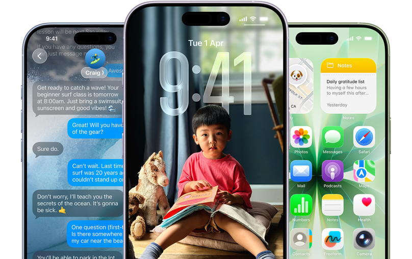 iPhone 17 devices, front exterior, colors: mist blue, lavender, sage, iOS features - Background with messages, Liquid Glass showing the Lock Screen and Home Screen with various apps displayed