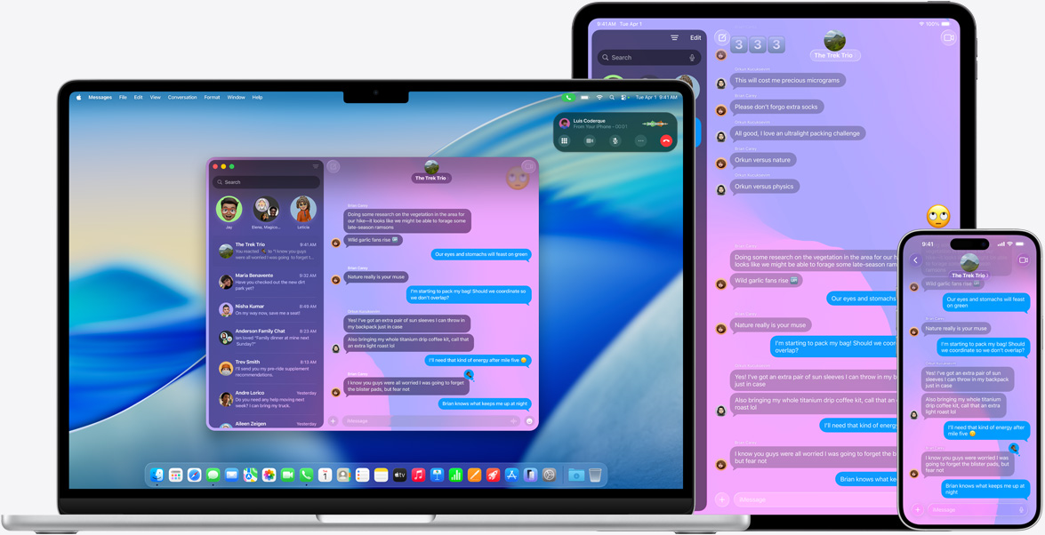 Apple products: 15-inch MacBook Air, 13-inch iPad Pro, and iPhone 16 Plus, the same iMessage conversation displayed on each screen