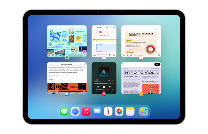 iPad, landscape orientation, screen shows six windows open in two rows, including Calendar app, Notes app, Apple Music, and Safari