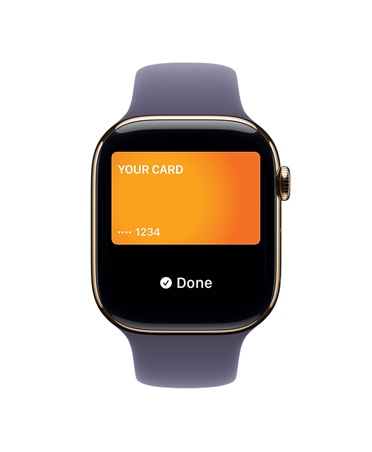 Apple Watch Series 11 z kopertą z tytanu w kolorze złota, opaska sportowa w kolorze mlecznego fioletu, Apple Pay, prawy bok urządzenia, pokrętło Digital Crown