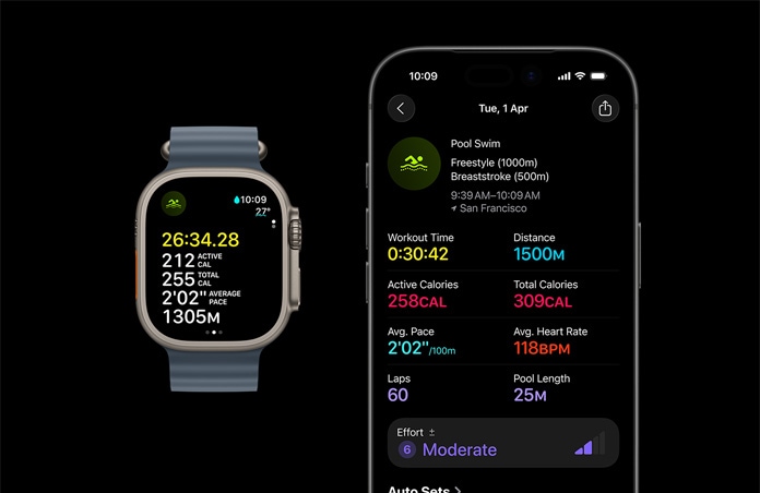 Apple Watch Ultra 3 z kopertą z tytanu w kolorze naturalnym, widać parametry treningu pływackiego w basenie oraz pełną analizę aktywności na sparowanym iPhonie