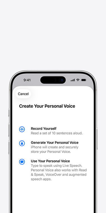 iPhone 17 Pro screen showing Personal Voice feature with instructions on how to create your Personal Voice