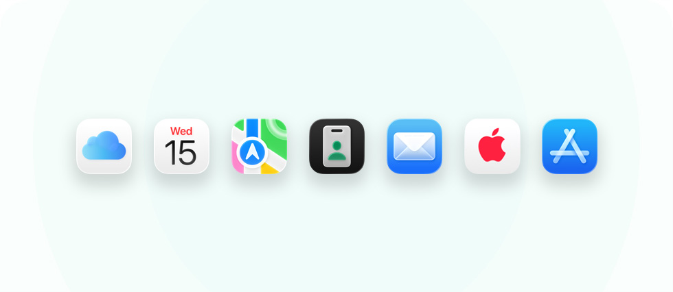 A lineup of business-related apps and tools including iCloud, Calendar, Maps, Apple Business, Mail, Apple Care and App Store