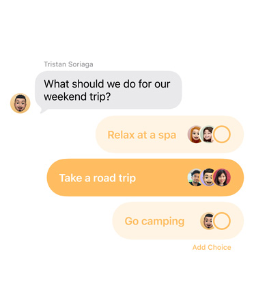 Close-up of new polls feature in Messages with people in the group chat voting for where to take a weekend trip