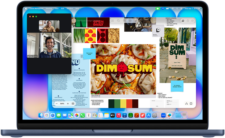 MacBook Neo, indigová farba. Na obrazovke vidieť videohovor, okno Freeform s menu, fotku jedla a ilustrácie reštaurácie s knedličkami dim sum.