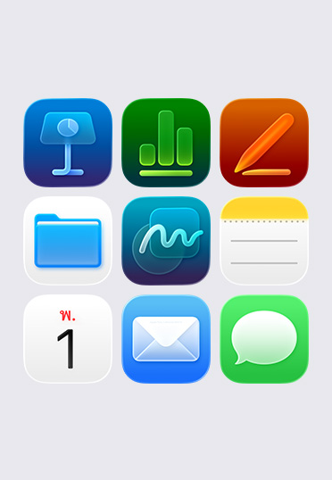 ไอคอนแอป Apple จัดเรียงในตาราง 3x3 รวมถึง Keynote, Numbers, Pages, ไฟล์, โน้ต และปฏิทิน
