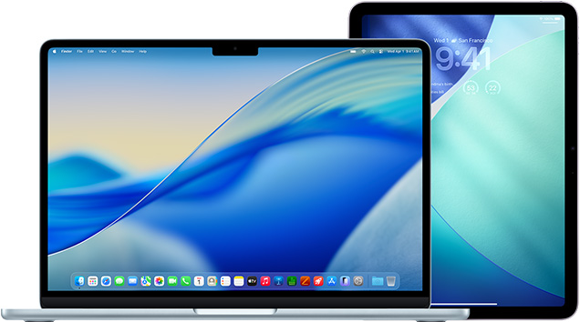 MacBook ทางซ้าย, iPad ทางขวา, หน้าจอแสดงวอลเปเปอร์สีฟ้าและสีเขียวที่คล้ายกัน