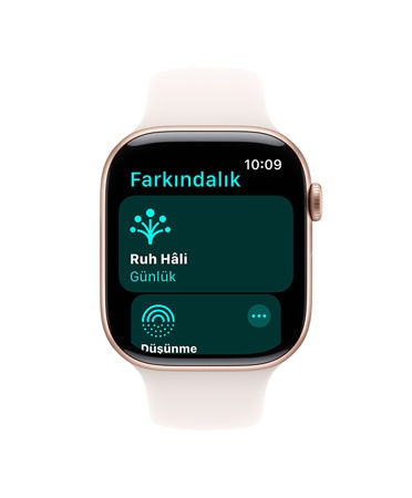 Beyaz Spor Kordonlu Apple Watch Series 10’un önden görünümü, Kullanıcı Arayüzünde Farkındalık, Ruh Hâli, Günlük yazıyor