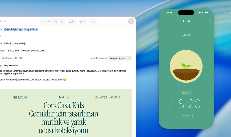 MacBook ekranı, Mail uygulaması açık, MacBook ekranına yansıtılan iPhone ekranında Forest uygulaması gösteriliyor