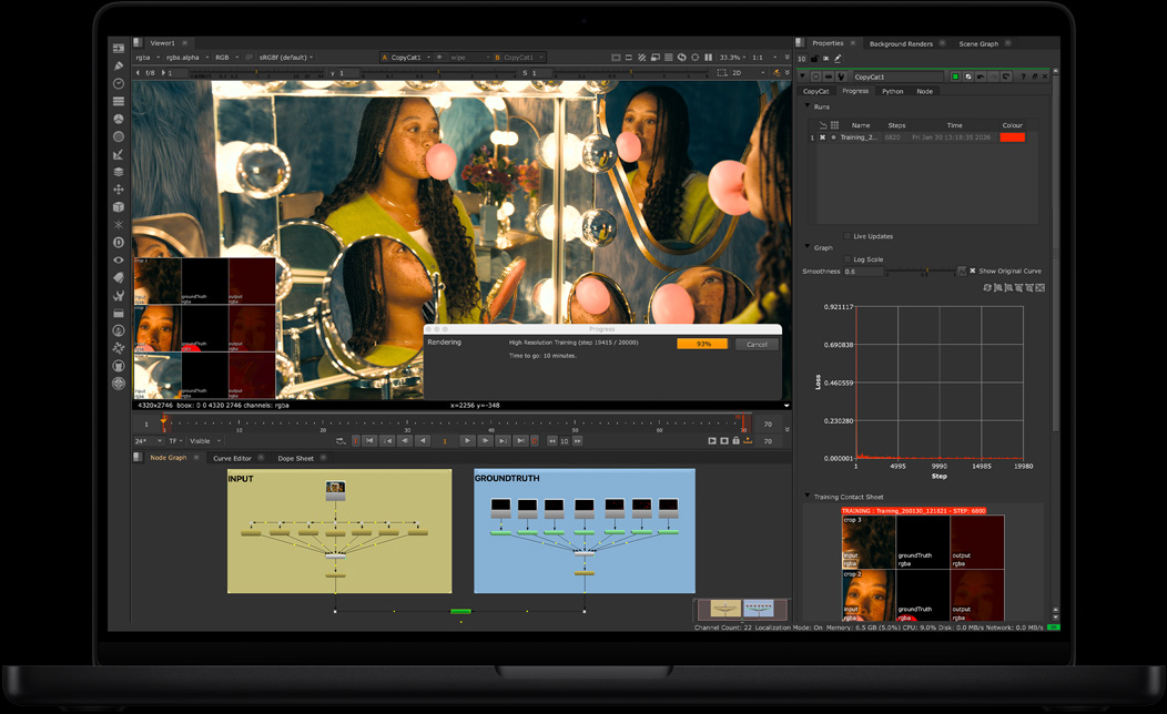 MacBook Pro ekranında bir video oluşturmak için kullanılan NukeX uygulaması gösteriliyor