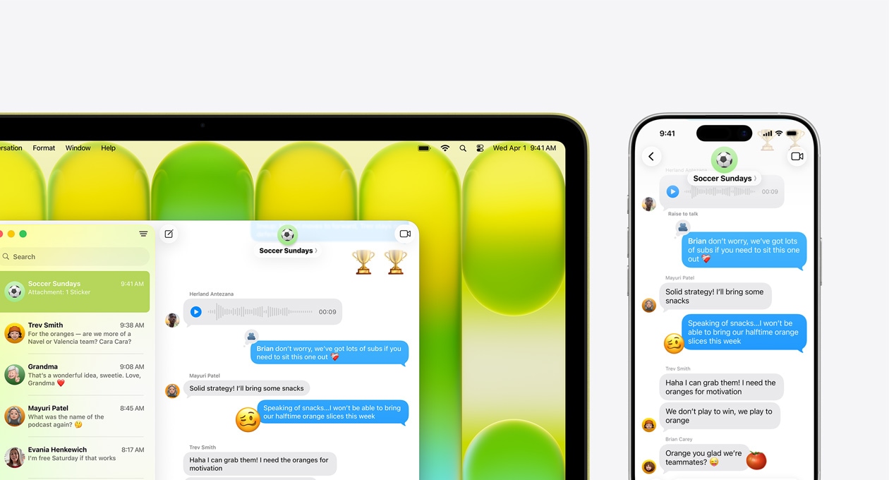 MacBook Neo цитринового кольору, на екрані якого відкритий груповий чат у додатку «Повідомлення» під назвою «Футбольні неділі» та інші недавні повідомлення; поруч iPhone показує той самий чат