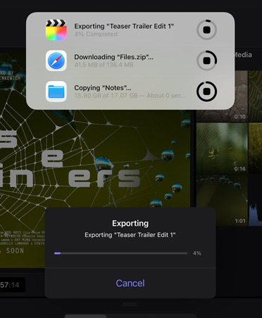 Background tasks notification showing progress of video export, file download, and moving notes to backup