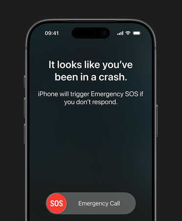 iPhone 17 Pro, front exterior, rounded corners, crash detection feature in use