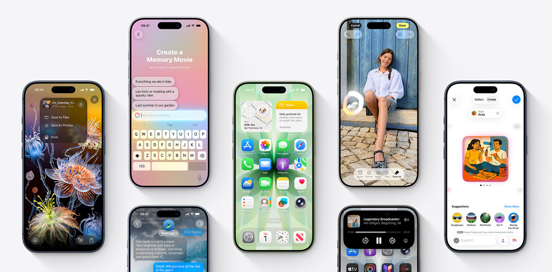 An array of iPhone 17 and 17 Pro devices each with a different screen showcasing iOS 26 and Apple Intelligence features