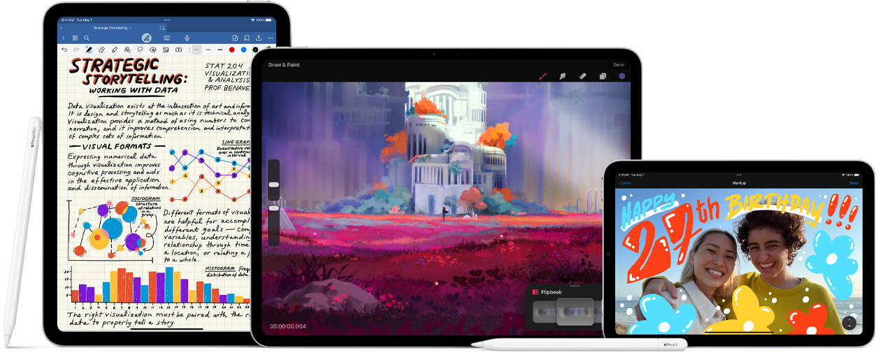 Obraz przedstawiający Apple Pencil Pro i Apple Pencil (USB-C) obok wielu iPadów, na których wyświetlane są przykłady odręcznych notatek i kolorowych ilustracji stworzonych przy pomocy Apple Pencil.