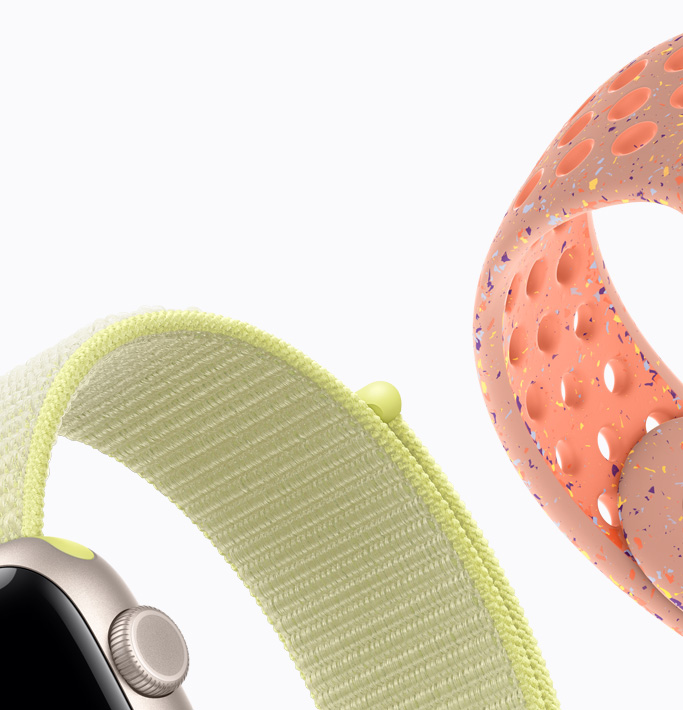 Apple Watch SE 3, aluminum case, starlight  color, neon yellow Sport Loop, alpenglow pink Nike Sport Band