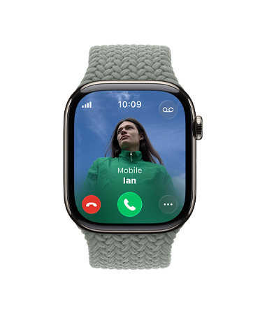 Apple Watch Series 11, natural colour, titanium case, incoming call, contact photo, accept and decline call buttons, right side exterior, Digital Crown, strap, green grey Braided Solo Loop