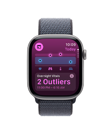 Apple Watch Series 11, space gray color, aluminum case, Vitals app, health score chart, overnight vitals outliers notification, right side exterior, Digital Crown, Sport Loop, dark gray color