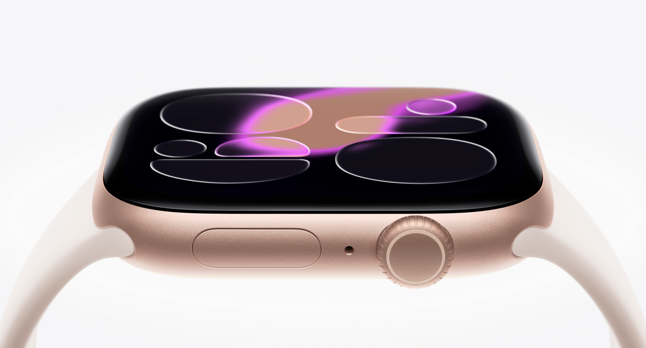 Apple Watch Series 11, toonis roosa kuld, alumiiniumist korpus, Responsive Art ekraan, parema külje väliskülg, Digital Crown, mikrofon, külgnupp, rihm Sport Band, heleroosakas toon