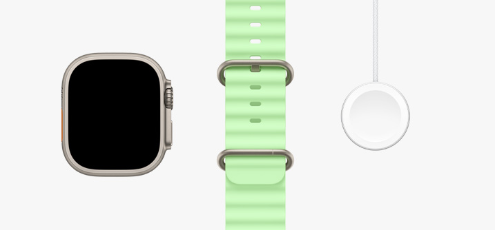 Apple Watch Ultra 3，原色鈦金屬錶殼，貼邊設計顯示器，霓虹綠色海洋錶帶，Apple Watch 磁力快速充電器至 USB-C 連接線
