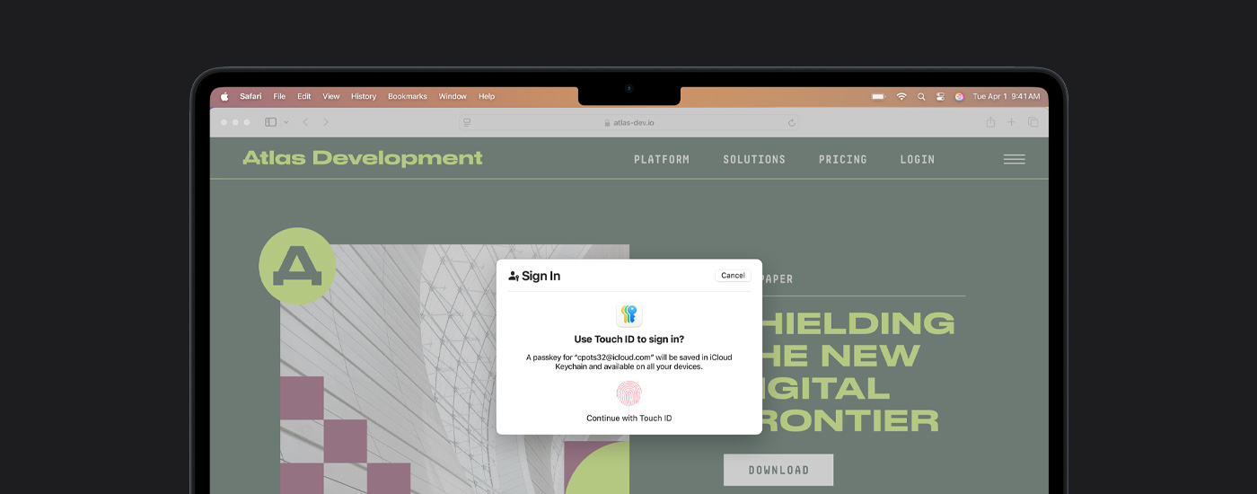 Touch ID ‑ikkuna Macin näytöllä. Ikkunan takana näkyy esitys.