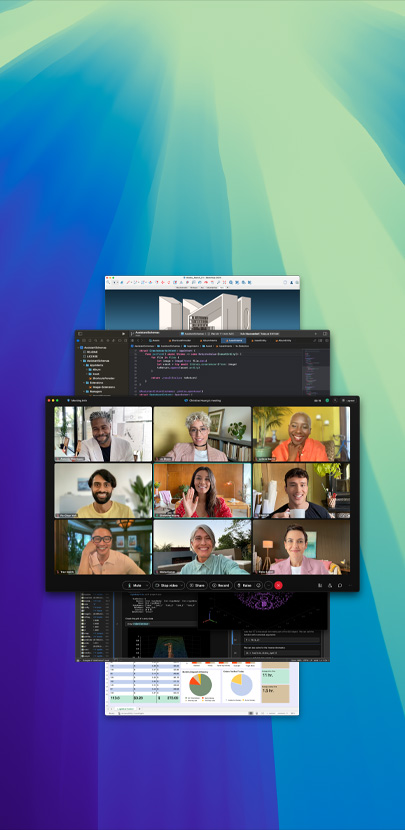 Erilaisia appeja avoinna ja päällekkäin toistensa kanssa. Etualalla oleva appi on Zoom, jossa on useita osallistujia mukana puhelussa.