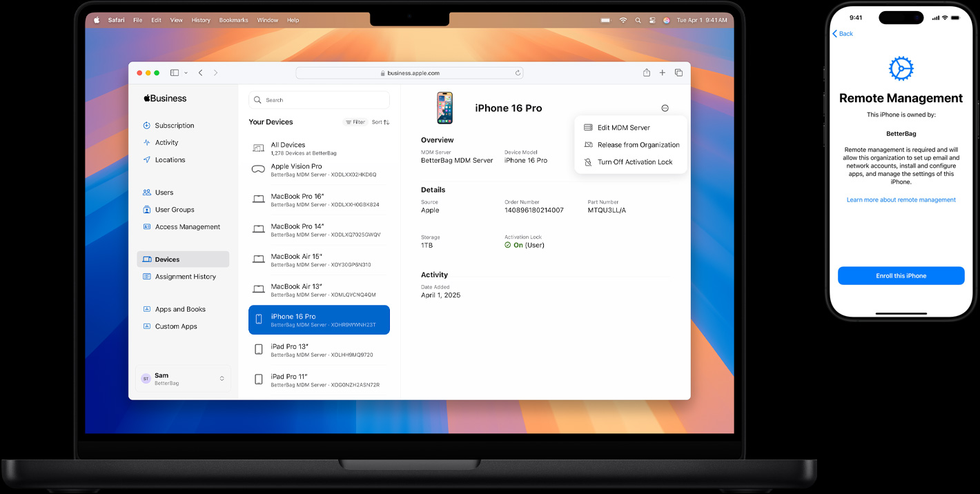 MacBook y iPhone, la pantalla de la MacBook muestra Apple Business Essentials y la pantalla del iPhone muestra Administración Remota en Configuración.