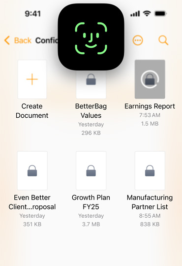 Pantalla de un iPhone que muestra la app Pages con el ícono de Face ID por encima para demostrar cómo desbloquear un dispositivo de forma segura