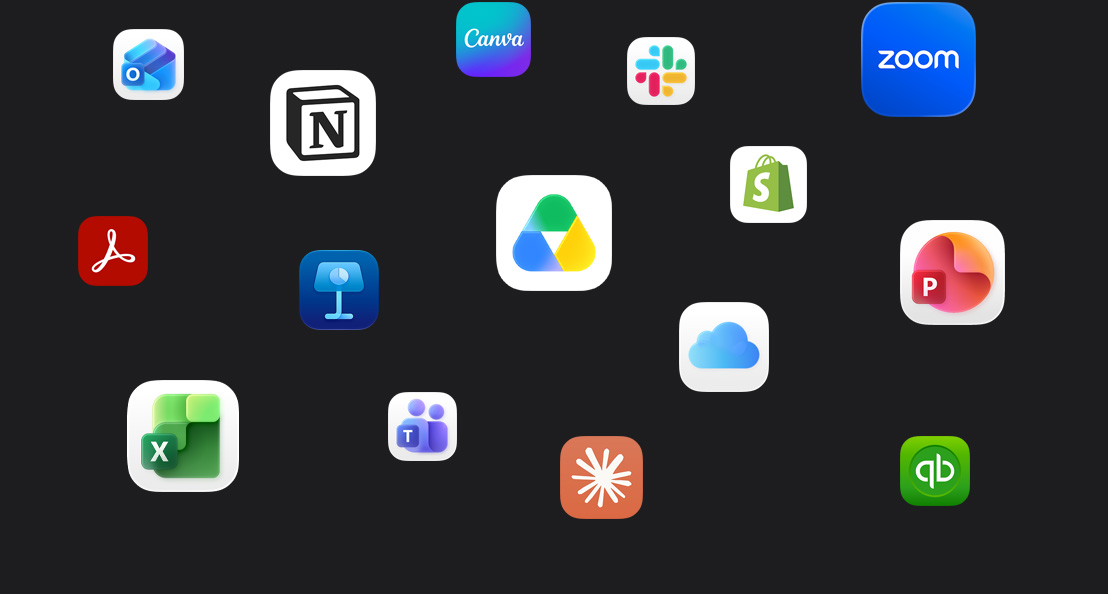 Microsoft Teams、Microsoft Excel、Canva、Shopify、Microsoft Powerpoint、Claude、Zoom、Notion、Keynote、Slack、Salesforce、Quickbooks、Googleドライブ、Acrobat Reader、Microsoft Outlookのアプリアイコンが暗い背景に点在している