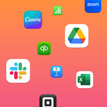 Symbole von Produktivitäts-Apps wie Slack, Canva, Google Workspace, Zoom, QuickBooks, Keynote, Excel, Square und Numbers vor einem farbigen Hintergrund.