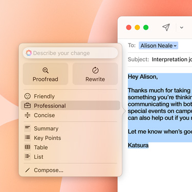 Eine geschäftliche E‑Mail mit einer Apple Intelligence Anfrage.