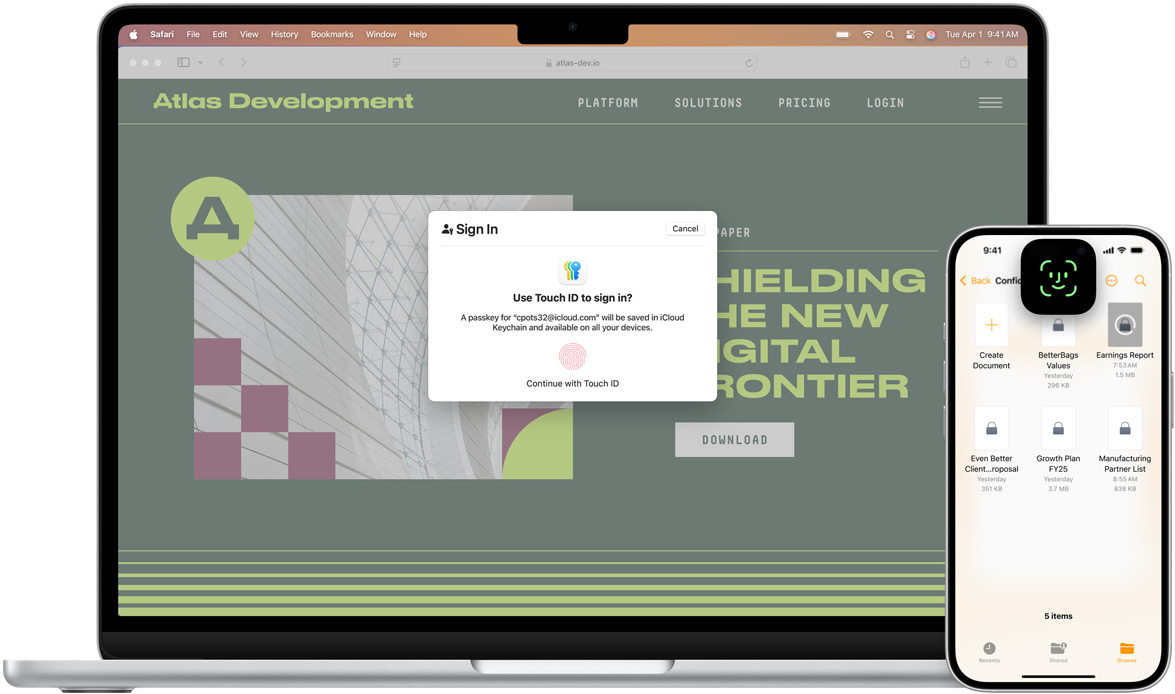 Vorderansicht eines MacBook mit einem Touch ID Fenster. Vor dem MacBook ist ein iPhone mit Face ID auf dem Display.