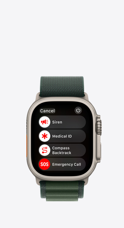 An Apple Watch with a list of emergency features: Siren, Medical ID, Compass Backtrack, and Emergency Call