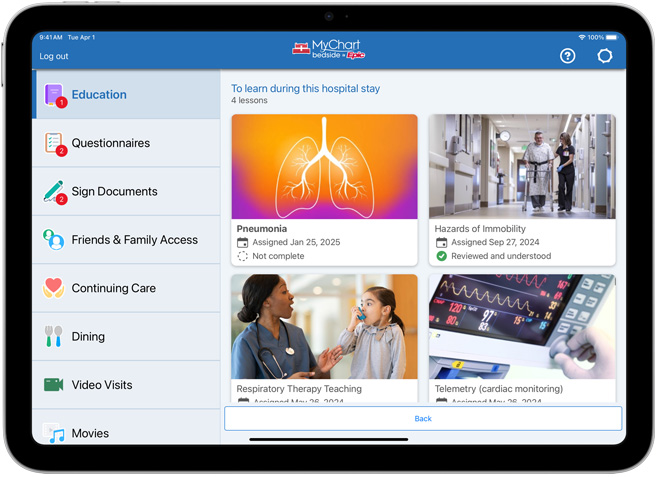 Programvare som viser Epic-appen MyChart Bedside.