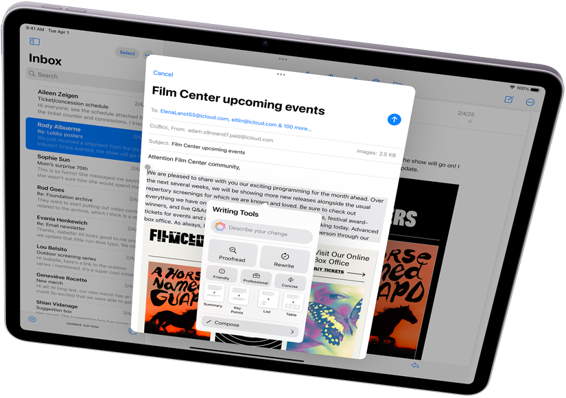 عرض أفقي لجهاز iPad Air يُبرز Apple Intelligence مع أدوات الكتابة والبريد