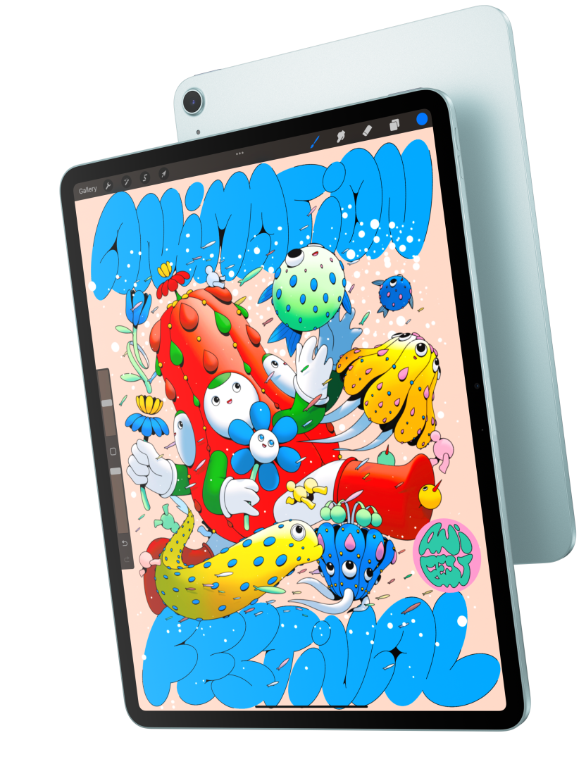 الجزء الأمامي الخارجي للموديل مقاس 13 إنش من جهاز iPad Air ويظهر عليه تطبيق Procreate ويتداخل مع الجزء الخلفي الخارجي لجهاز iPad Air باللون الأزرق