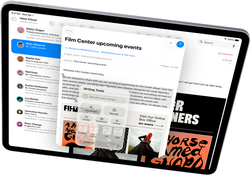 عرض أفقي لجهاز iPad Air يُبرز Apple Intelligence مع أدوات الكتابة والبريد