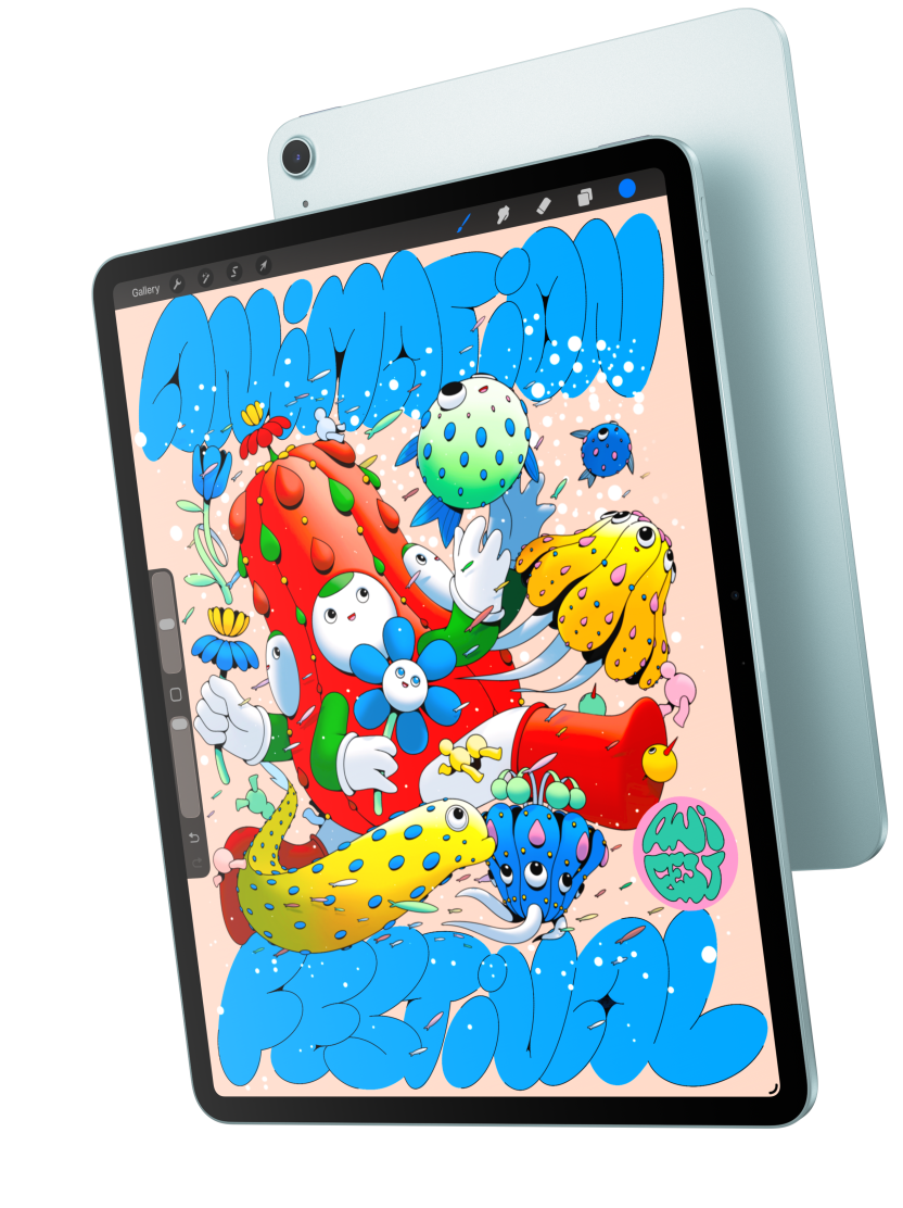 Front exterior, iPad Air showcasing the 13-inch model displaying Procreate, and overlapping the back exterior of a blue iPad Air