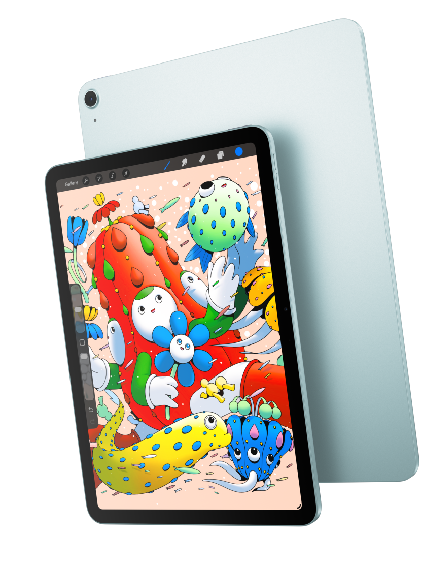 Front exterior, iPad Air showcasing the 11-inch model displaying Procreate and overlapping the back exterior of a blue iPad Air