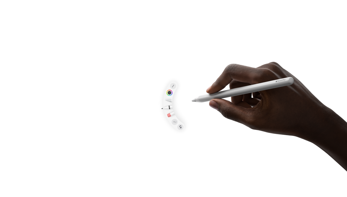 „iPad Pro“, priekinė pusė, horizontalioje padėtyje, animacija, kurioje ranka laiko „Apple Pencil Pro“, atlikus suspaudimo gestą atsiveria įrankių paletė po pieštuko galiuku