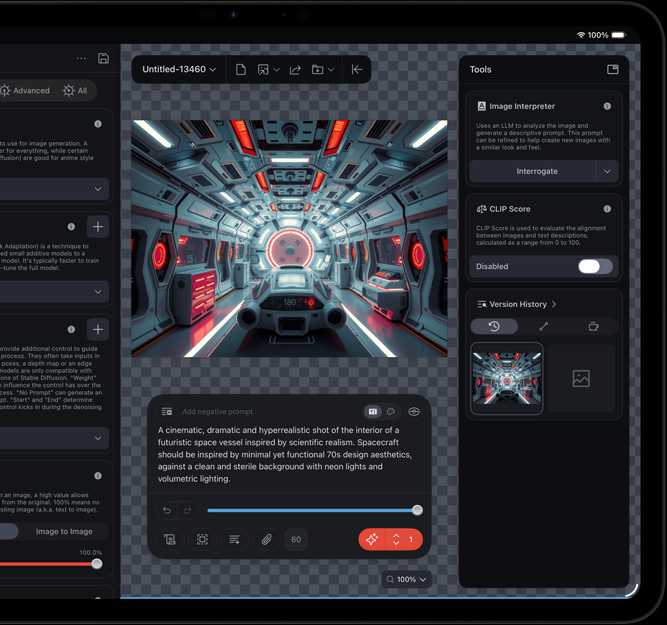 „iPad Pro“, priekinė pusė, ekrane rodomas klipas apie futuristinį kosminį laivą, redaguojamą naudojant įvairius redagavimo įrankius ir AI funkcijas, įskaitant „Image Interpreter“ ir „CLIP Score“