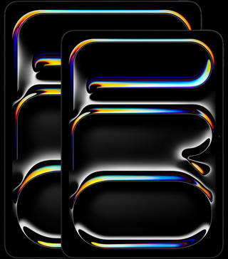 13 colių „iPad Pro“, 11 colių „iPad Pro“, vertikalioje padėtyje, priekinė pusė, kosminės juodos spalvos, užapvalinti kampai, juodas ekrano rėmelis, ekrane rodomas daugiaspalvis, išlenktas abstraktus žodis „PRO“, vertikalioje padėtyje